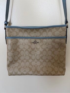 COACH F58297 File Bag Khaki Signature Coated Canvas Light Blue Leather Trim